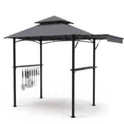 Grillpavillon mit Doppeldach & Ausziehbarer Seitenmarkise Gartenpavillon mit Metallablagen 247 x 150 x 254 cm