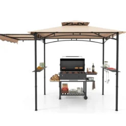 Grillpavillon mit Seitenmarkise Doppeldach 2 Seitenregalen & Haken Gartenpavillon BBQ Pavillon