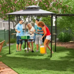 Grillpavillon mit Seitenmarkise Doppeldach 2 Seitenregalen & Haken Gartenpavillon BBQ Pavillon