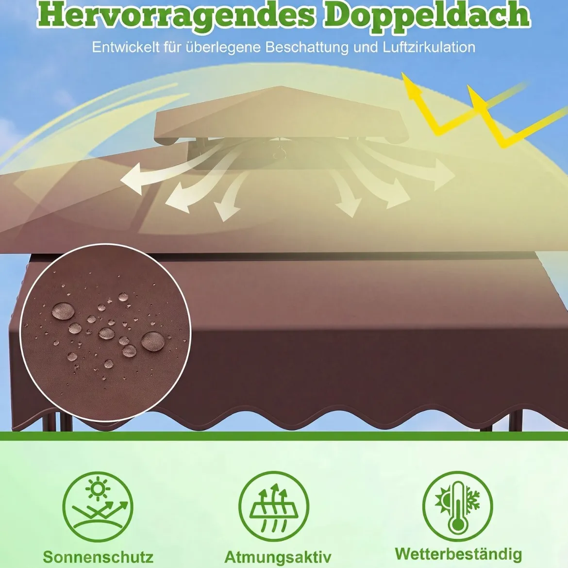 Grillpavillon 3-teiliger Gartenpavillon mit Bar 2 Klappbaren Barhocker & Doppeldach Braun