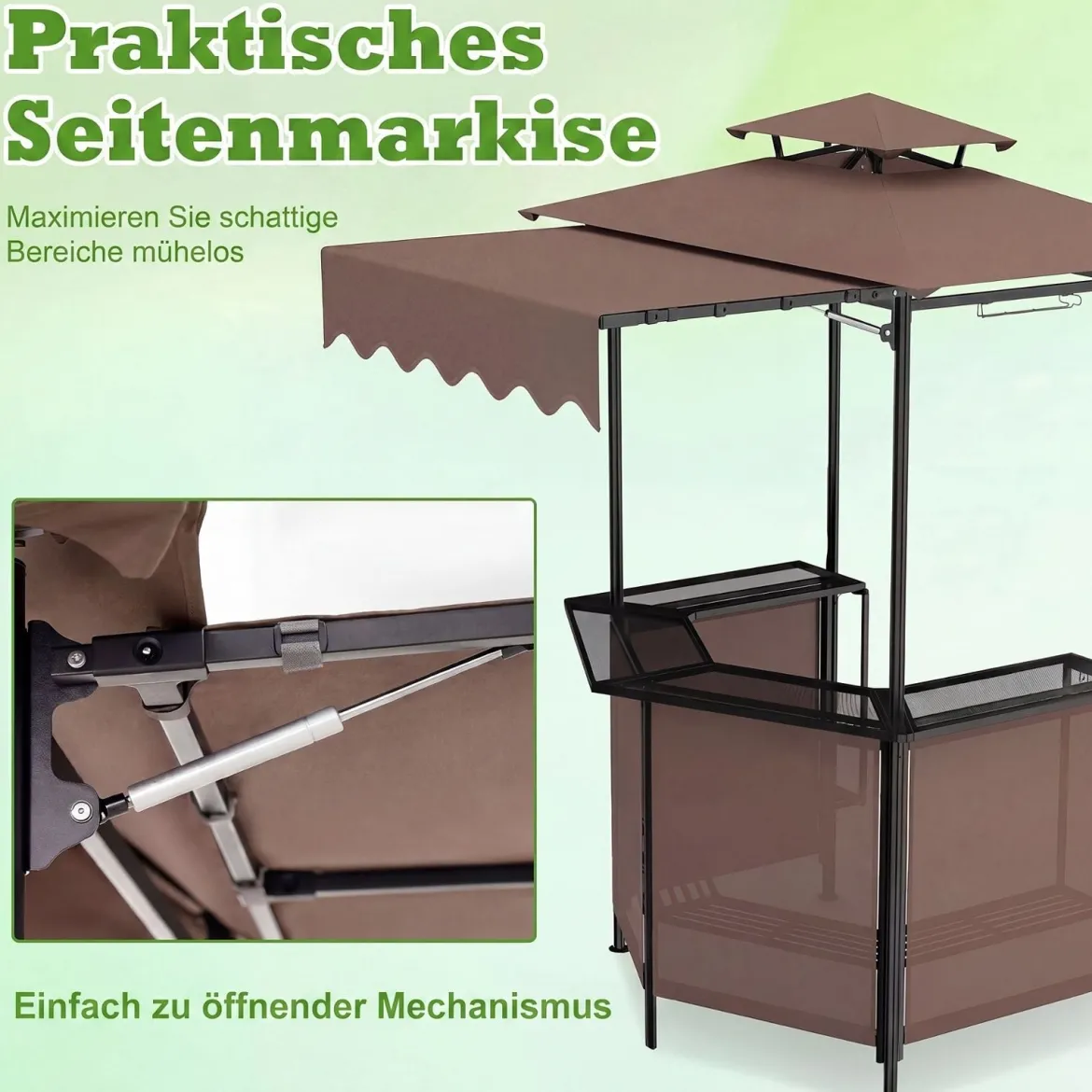 Grillpavillon 3-teiliger Gartenpavillon mit Bar 2 Klappbaren Barhocker & Doppeldach Braun