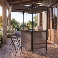 Grillpavillon 3-teiliger Gartenpavillon mit Bar 2 Klappbaren Barhocker & Doppeldach Braun