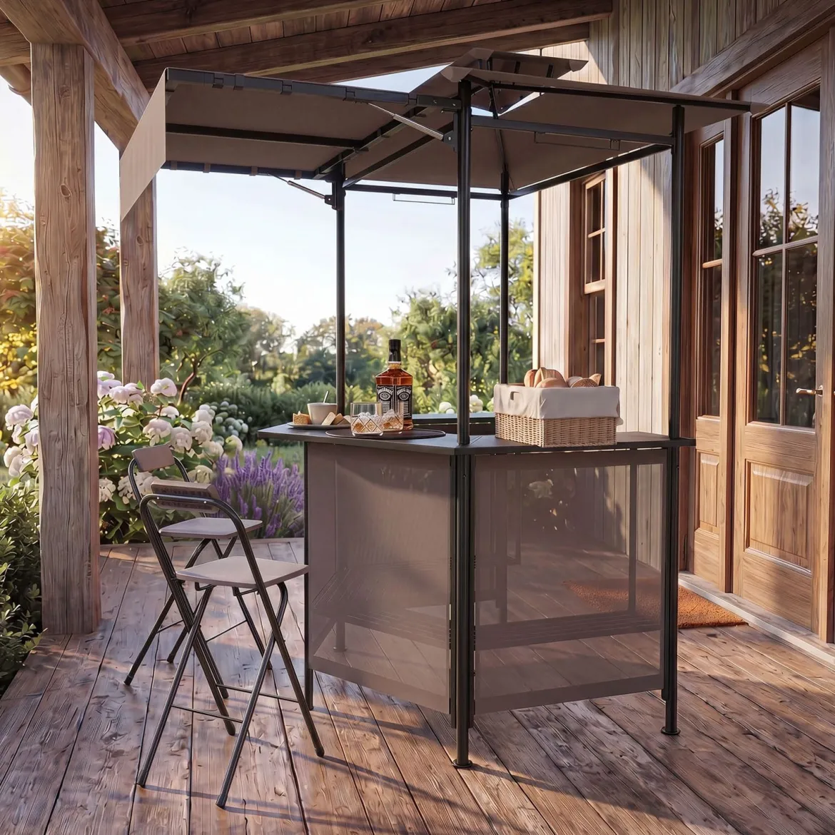 Grillpavillon 3-teiliger Gartenpavillon mit Bar 2 Klappbaren Barhocker & Doppeldach Braun