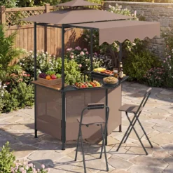 Grillpavillon 3-teiliger Gartenpavillon mit Bar 2 Klappbaren Barhocker & Doppeldach Braun