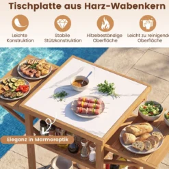 Grilltisch mit Klappbaren Seitenablagen & 2-stufige Ablage BBQ-Tisch aus Akazienholz Kücheninsel