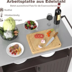 Grillwagen auf Rollen Grilltisch mit Edelstahl Servierwagen & 3 Ablagen & Schrank & Gewürzregal