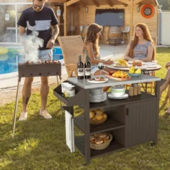 Grillwagen auf Rollen Grilltisch mit Edelstahl Servierwagen & 3 Ablagen & Schrank & Gewürzregal