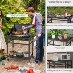 Grillwagen für den Außenbereich mit zwei Regalen 4 feststellbaren Rädern & Seitengriff Schwarz