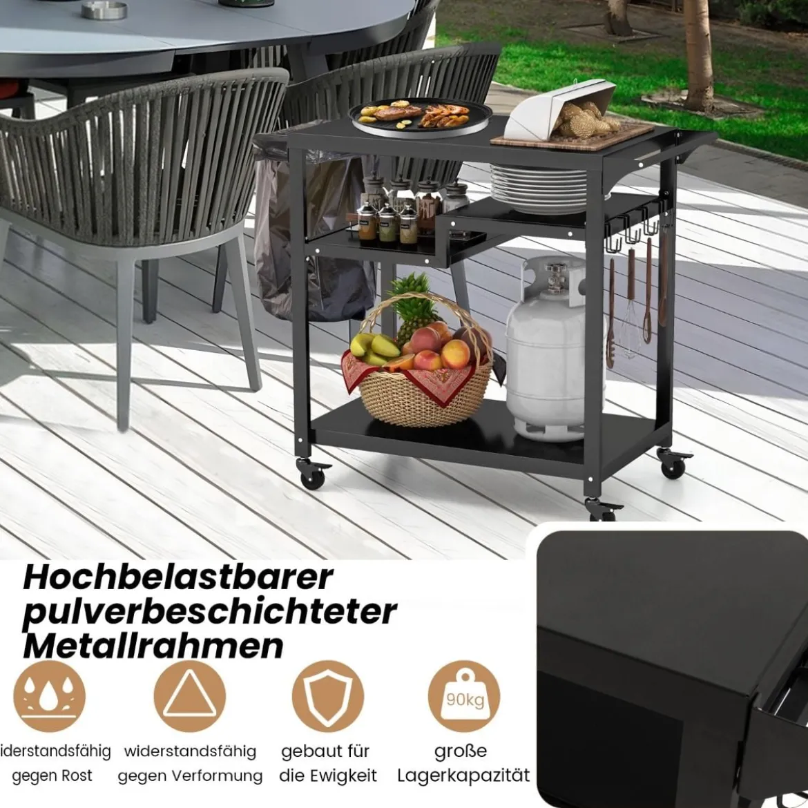 Grillwagen für den Außenbereich mit drei Ablagen 4 feststellbaren Rädern Haken & Seitengriff Schwarz