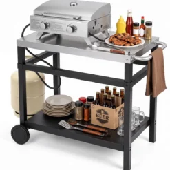 Grillwagen Grilltisch mit Arbeitsplatte aus Edelstahl & Ablage 90 x 59 x 81 cm Schwarz + Silber