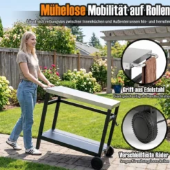 Grillwagen Grilltisch mit Arbeitsplatte aus Edelstahl & Ablage 90 x 59 x 81 cm Schwarz + Silber