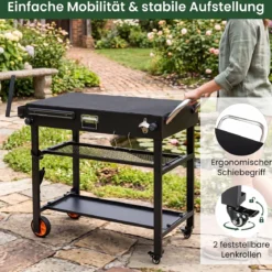 Grillwagen Klappbarer Grilltisch mit 3 Ebenen Unterlage Haken Griff & Rädern 109 x 46 x 87 cm