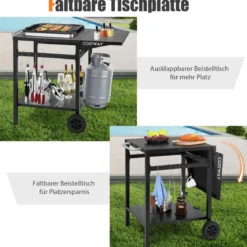 Grillwagen mit Klappbarer Tischplatte & 2 Ablagen & 4 Haken Beweglicher Campingtisch