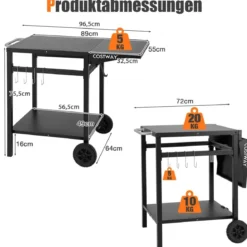 Grillwagen mit Klappbarer Tischplatte & 2 Ablagen & 4 Haken Beweglicher Campingtisch