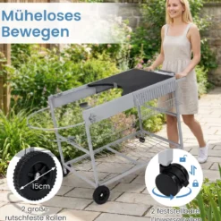 Grillwagen mit 4 Rollen & Großer Arbeitsplatte & Gewürzregal & Mülleimer Beistellwagen Grilltisch