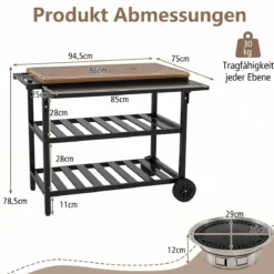 Grillwagen Outdoor Grilltisch auf Rollen Mobiler Pizzatisch mit Koreanischem Holzkohlegrill