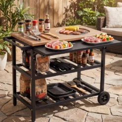 Grillwagen Outdoor Grilltisch auf Rollen Mobiler Pizzatisch mit Koreanischem Holzkohlegrill