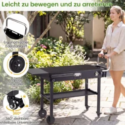 Grillwagen Outdoor Grilltisch auf Rollen mit Klappbarer Tischplatte Seitlicher Ablage