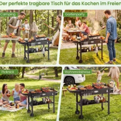 Grillwagen Outdoor Grilltisch auf Rollen mit Klappbarer Tischplatte Seitlicher Ablage