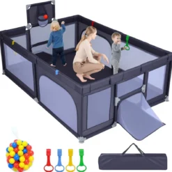 Großer Baby-Laufstall sicherer Spielbereich mit Basketballkorb & Fußballnetzen Greifringen Dunkelgrau