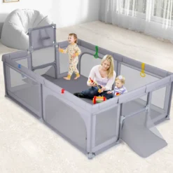 Großer Baby-Laufstall sicherer Spielbereich mit Basketballkorb & Fußballnetzen Greifringen Hellgrau
