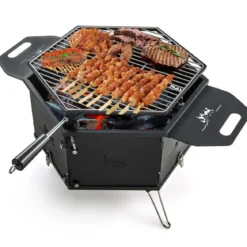großer Holzkohlegrill mit 360° drehbarem Grill 2 in 1 Feuerschale 77 x 74 x 38 cm