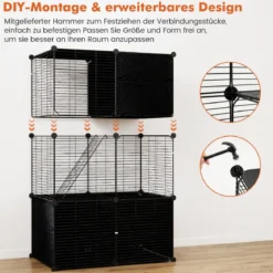 Großer Katzenkäfig 3-stöckiger Katzengehege DIY Katzenhaus mit abnehmbarer Catio-Spielplatz Schwarz 74 x 47 x 110 cm