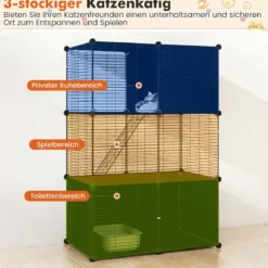 Großer Katzenkäfig 3-stöckiger Katzengehege DIY Katzenhaus mit abnehmbarer Catio-Spielplatz Schwarz 74 x 47 x 110 cm
