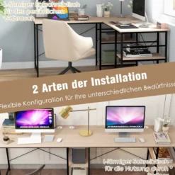 Großer L-förmiger Computertisch mit 4 Ablagefächern für 2 Personen mit CPU-Ständer Natur