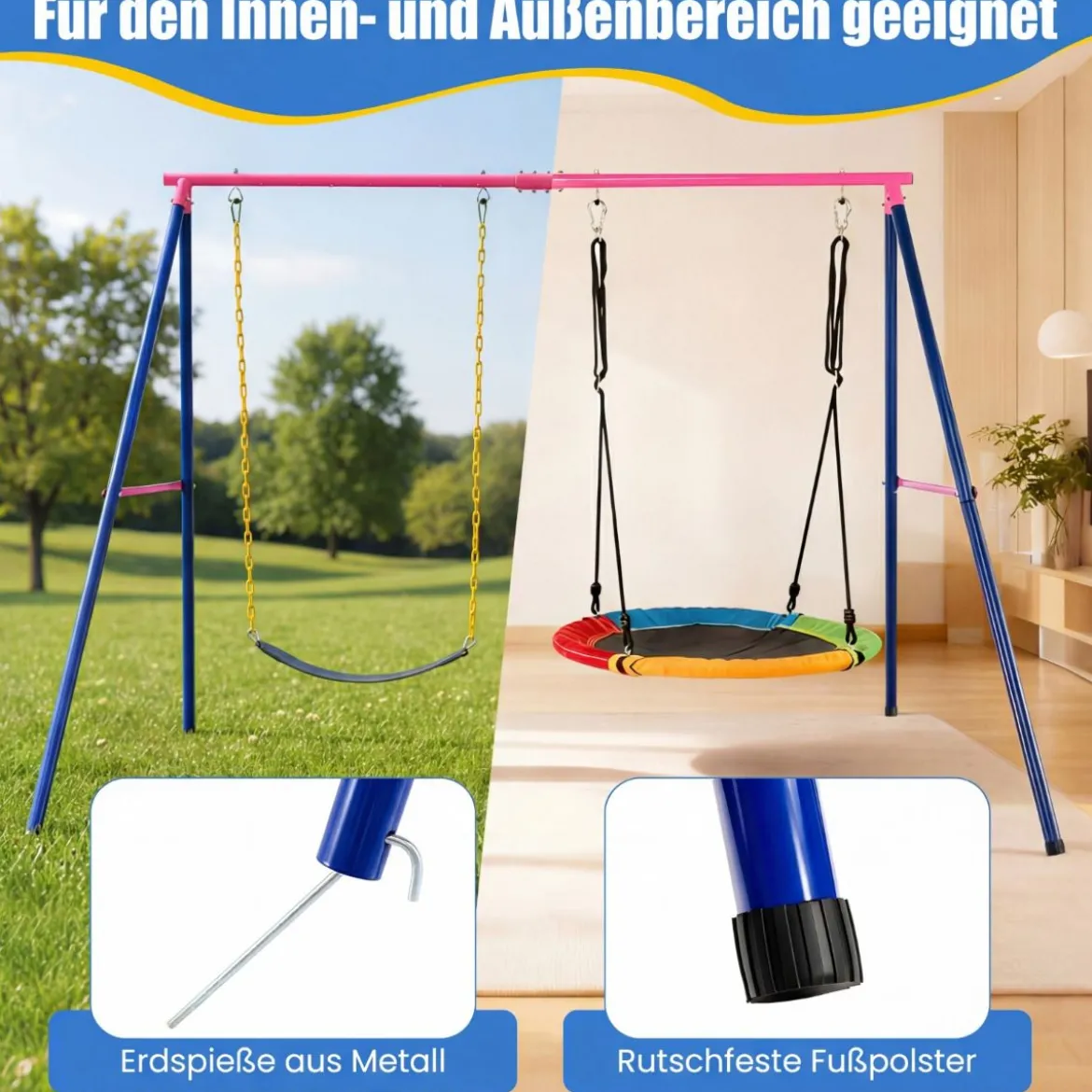 Großer Metall-Schaukelständer mit robustem A-Rahmen Bodenanker rutschfester & Fußkappe