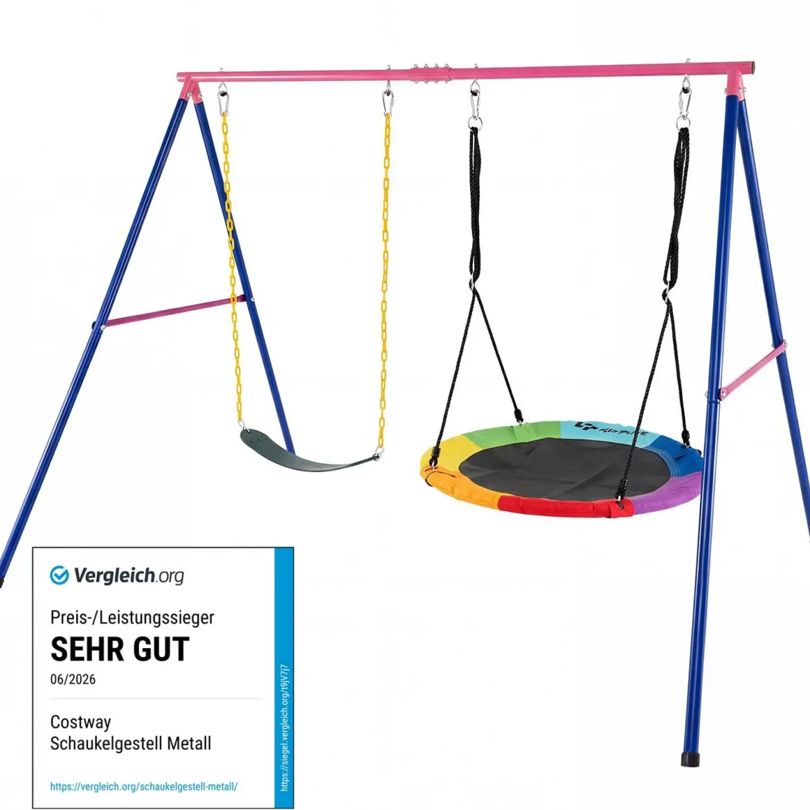 Großer Metall-Schaukelständer mit Robustem A-Rahmen + 2-Teiliges Schaukel-Set mit Verstellbaren Seilen Set