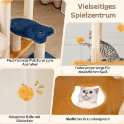 Groß Kratzbaum mit Fisch-Design Holz Katzenbaum Katzenkratzbaum Kletterbaum Beige