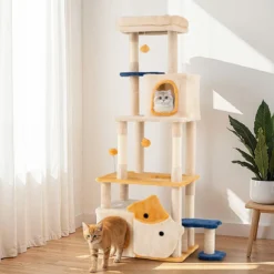 Groß Kratzbaum mit Fisch-Design Holz Katzenbaum Katzenkratzbaum Kletterbaum Beige