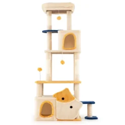 Groß Kratzbaum mit Fisch-Design Holz Katzenbaum Katzenkratzbaum Kletterbaum Beige
