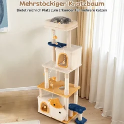 Groß Kratzbaum mit Fisch-Design Holz Katzenbaum Katzenkratzbaum Kletterbaum Beige