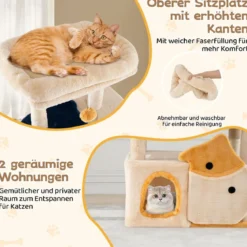 Groß Kratzbaum mit Fisch-Design Holz Katzenbaum Katzenkratzbaum Kletterbaum Beige