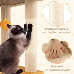 Groß Kratzbaum mit Fisch-Design Holz Katzenbaum Katzenkratzbaum Kletterbaum Beige