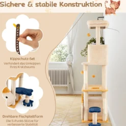 Groß Kratzbaum mit Fisch-Design Holz Katzenbaum Katzenkratzbaum Kletterbaum Beige