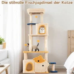 Groß Kratzbaum mit Fisch-Design Holz Katzenbaum Katzenkratzbaum Kletterbaum Beige