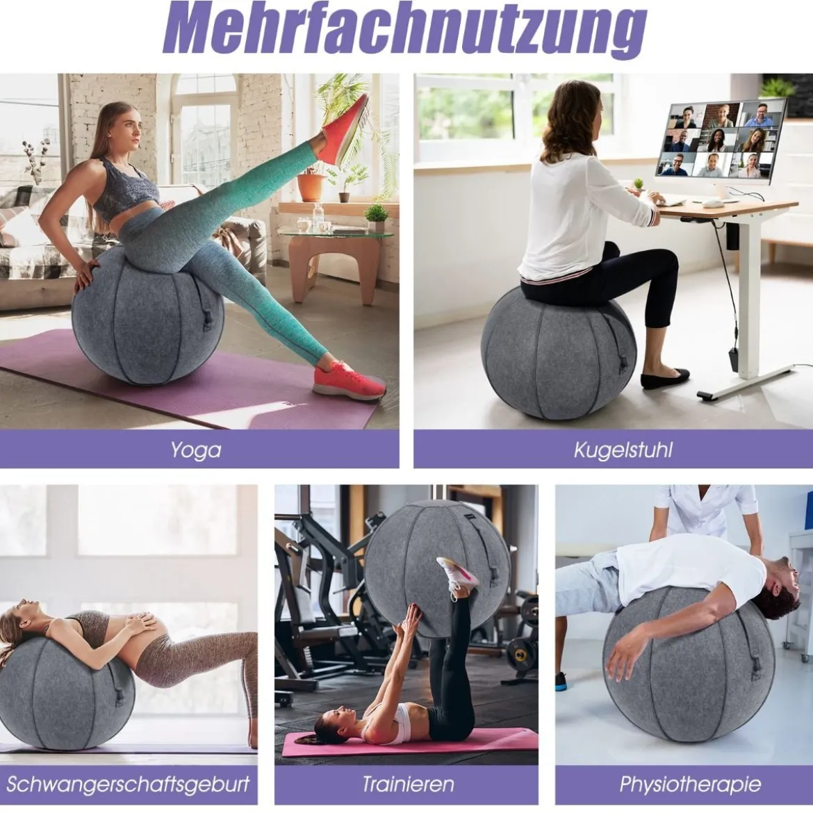 Gymnastikball φ 65 cm Yoga Ball mit Cover & Griff Sitzball für Yoga und Pilates Grau