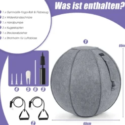Gymnastikball φ 65 cm Yoga Ball mit Cover & Griff Sitzball für Yoga und Pilates Grau