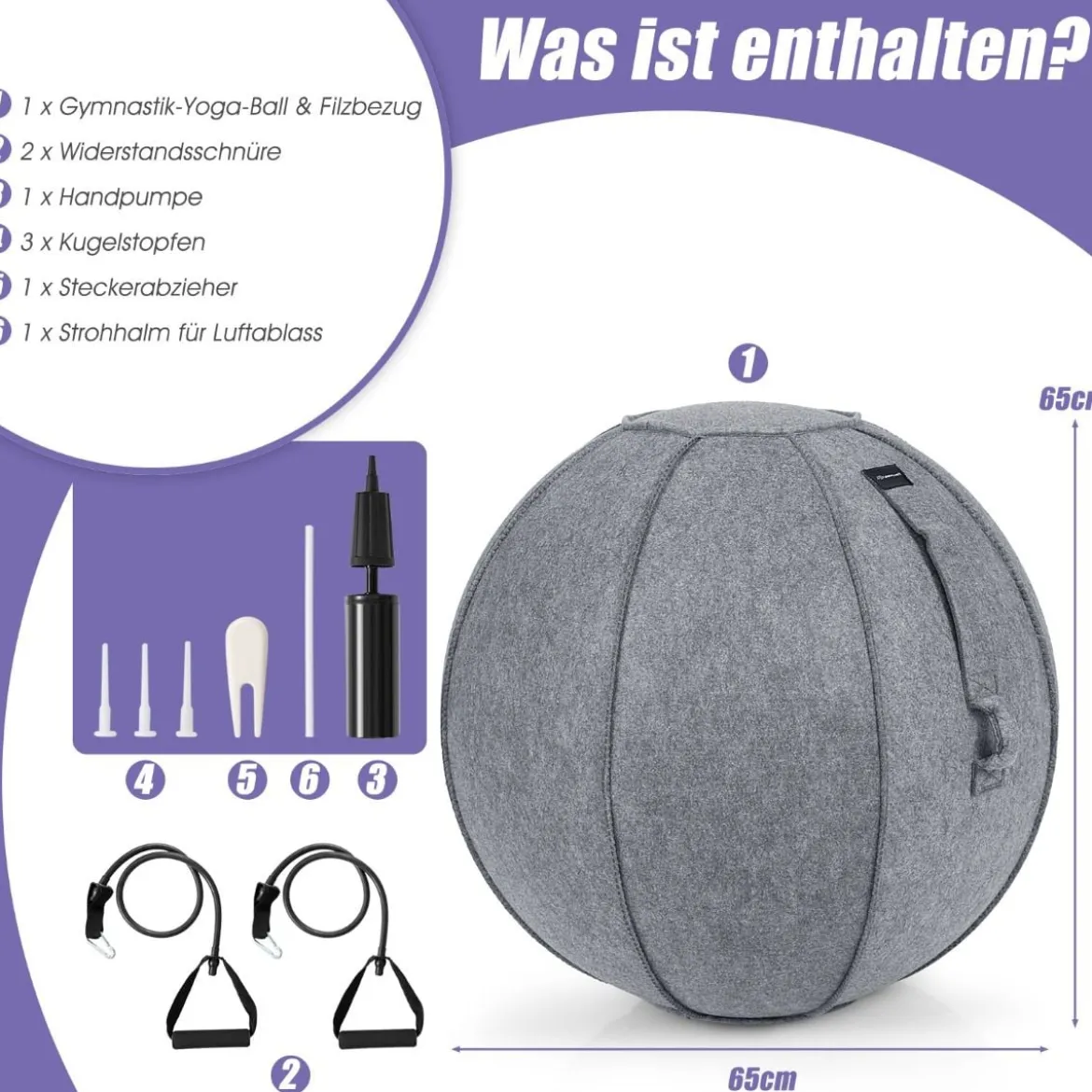 Gymnastikball φ 65 cm Yoga Ball mit Cover & Griff Sitzball für Yoga und Pilates Grau