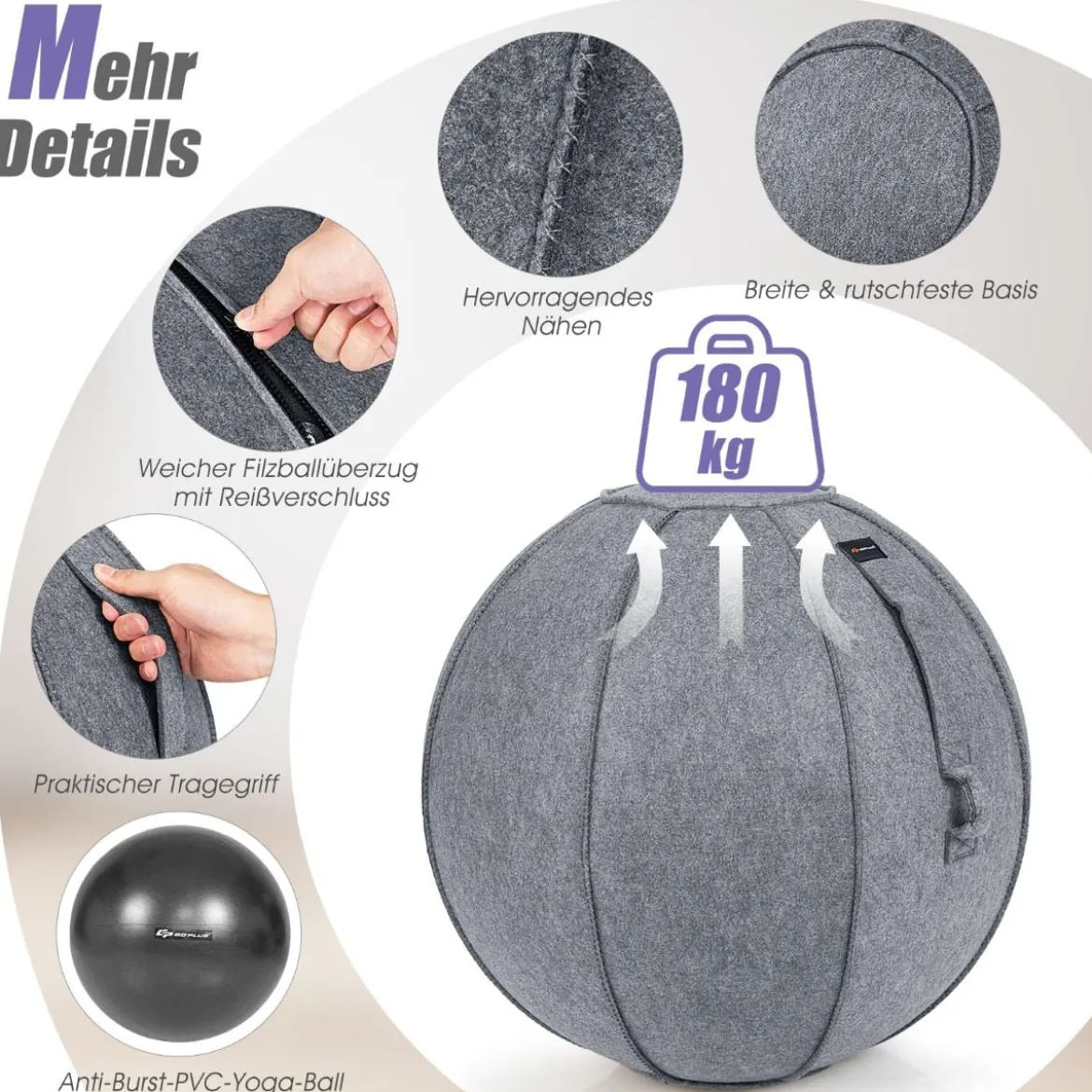 Gymnastikball φ 65 cm Yoga Ball mit Cover & Griff Sitzball für Yoga und Pilates Grau