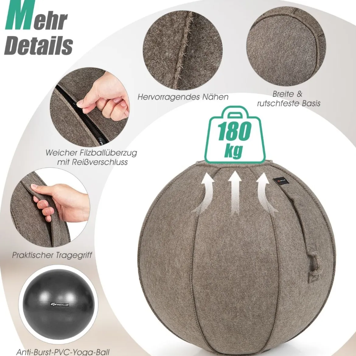 Gymnastikball φ 65 cm Yoga Ball mit Cover & Griff Sitzball für Yoga und Pilates Braun
