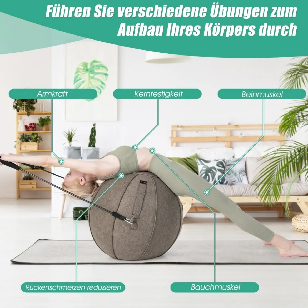 Gymnastikball φ 65 cm Yoga Ball mit Cover & Griff Sitzball für Yoga und Pilates Braun