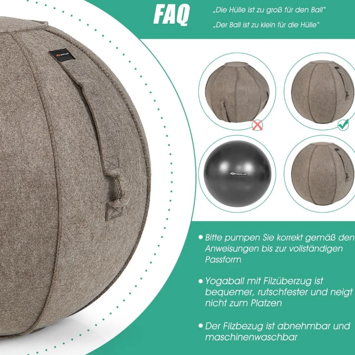 Gymnastikball φ 65 cm Yoga Ball mit Cover & Griff Sitzball für Yoga und Pilates Braun