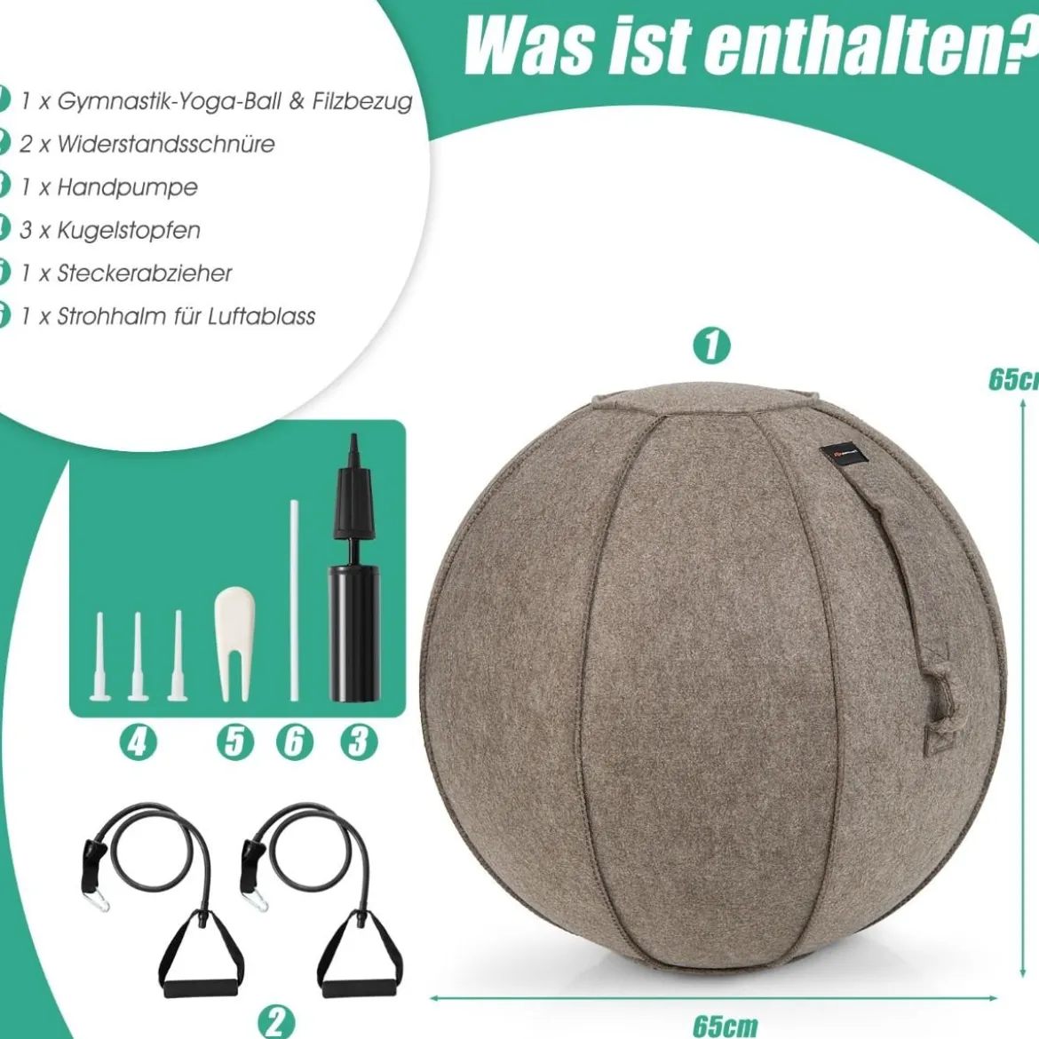 Gymnastikball φ 65 cm Yoga Ball mit Cover & Griff Sitzball für Yoga und Pilates Braun