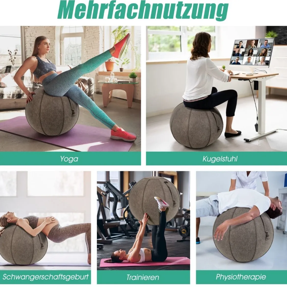 Gymnastikball φ 65 cm Yoga Ball mit Cover & Griff Sitzball für Yoga und Pilates Braun