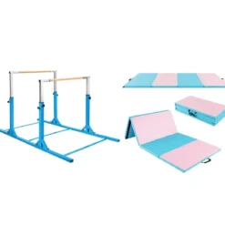 Gymnastikstangen + Gymnastikmatte Set Reckstange Weichbodenmatte Turnbarren Blau