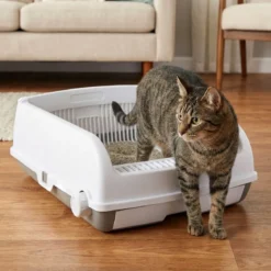 Halbautomatische Katzenstreu-Box mit Offenem Deckel & Schubladen-Tablett & Schiebeschaufel Weiß